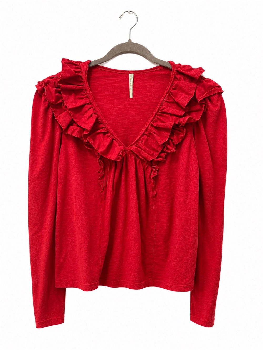 Anthropologie Red Ruffle V-Neck Long Sleeve Top Medium Romantic Boho Cottagecore
